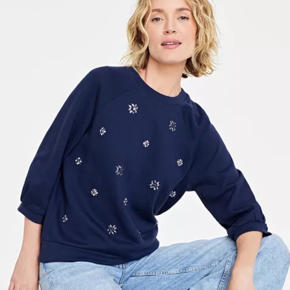Navy Blue Embellished Elbow Sleeve Sweatshirt